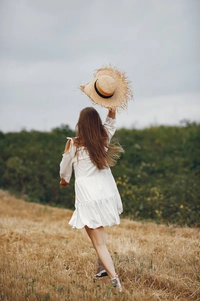 Woman Summer Field Lady White Dress Girl Sunset Background — Foto de Stock