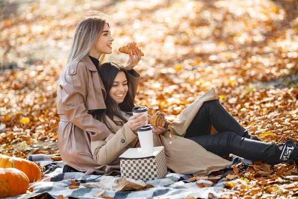 Zwei Schöne Freundinnen Verbringen Die Zeit Auf Einer Picknickdecke Gras — Stockfoto