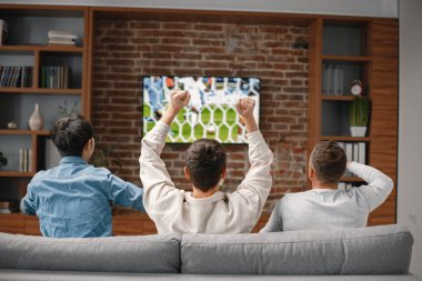 Bir futbol maçı izlemek için evde toplanan erkek arkadaşların arka görüntüsü. Erkekler büyük ekran televizyonun önünde kanepede oturuyor. Erkekler en sevdikleri takımı destekliyor ve maç hakkında yorum yapıyorlar.