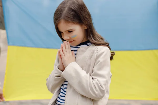 Маленька Дівчинка Українським Прапором Щоці Стоїть Перед Великим Прапором України — стокове фото