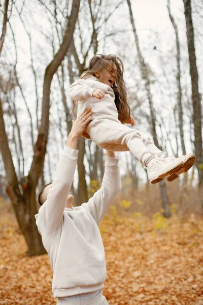 Man Her Little Girl Playing Autumn Forest Laughing Brunette Man — Stock Photo, Image