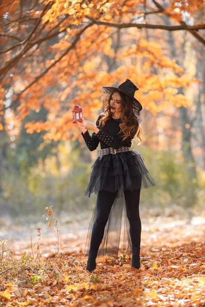 Brunette Woman Witch Costume Standing Autumn Forest Halloween Day Woman — Photo