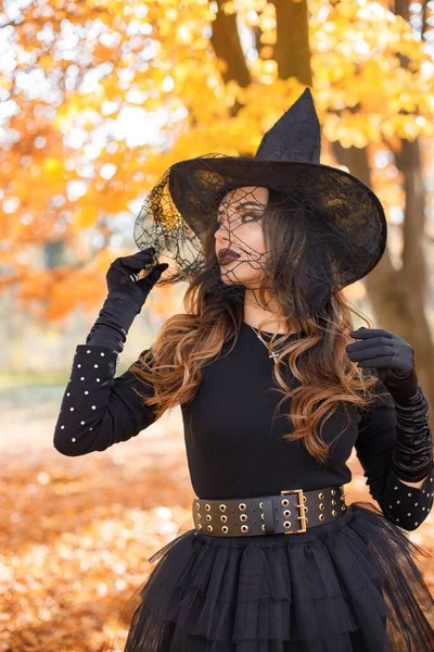 Brunette Woman Witch Costume Standing Autumn Forest Halloween Day Woman — Stock Fotó