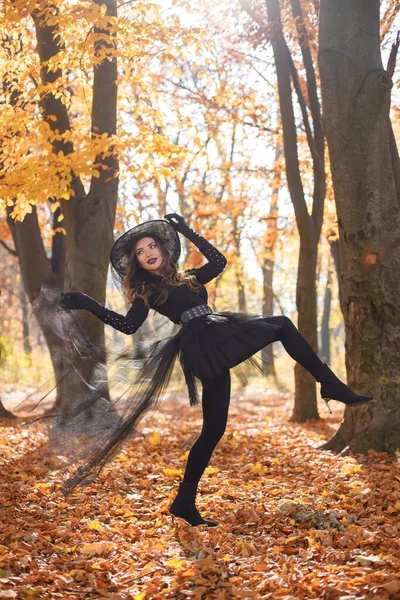 Brunette Woman Witch Costume Standing Autumn Forest Halloween Day Woman — Zdjęcie stockowe