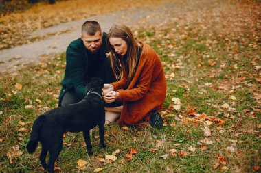 Parkta bir çift. Altın bir ormanda aile. Sakallı adam