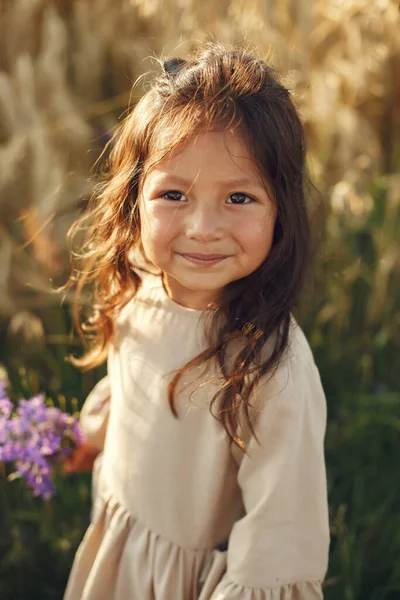 Kind Auf Einem Sommerfeld Kleines Mädchen Einem Süßen Braunen Kleid — Stockfoto