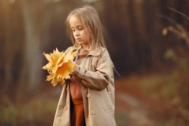 Sonbahar parkında tatlı bir çocuk. Sarışın, zarif küçük bir bayan. Kahverengi ceketli kız..