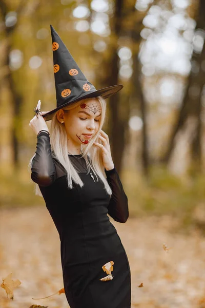 Blonde Young Girl Witch Forest Halloween Girl Wearing Black Dress — Fotografia de Stock