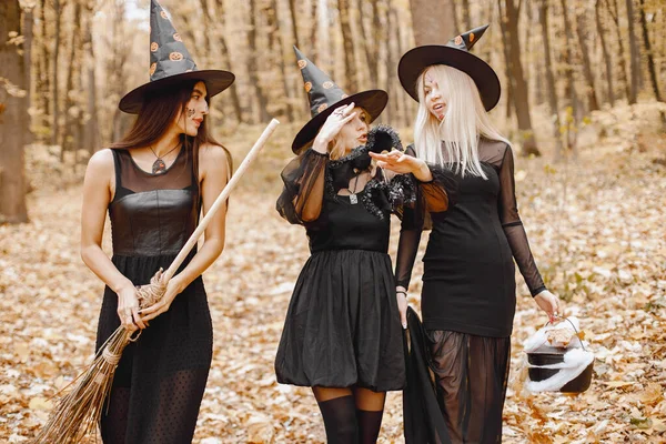 Three Girls Witches Forest Halloween Girls Wearing Black Dresses Cone — Fotografia de Stock