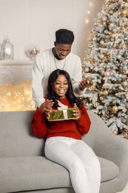 Noel arifesinde hediyeleri olan genç siyah bir çift. Evdeki koçta oturan bir kadın. Adam arkada duruyor ve kız arkadaşına bir hediye veriyor..