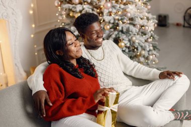 Mutlu siyah çift hediyelerini alıp Noel ağacının yakınındaki bir arabada oturuyorlar. Erkek ve kadın kış tatilini evde kutluyor. Kırmızı kazak giyen esmer kadın..