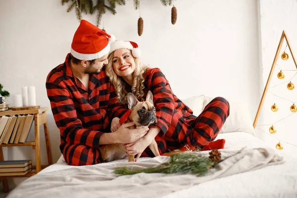 Lovely couple celebrating christmas with dog on a bed. Blonde woman and brunette man wearing plaid pajamas. French bulldog with his family.