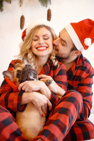 Portrait of lovely couple celebrating christmas with dog. Blonde woman and brunette man wearing plaid pajamas. French bulldog with his family.