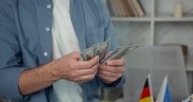 Tatmin olmuş genç girişimci, iş yerindeki bir işyerinde dolar sayıyor. İyi maaş kavramı.