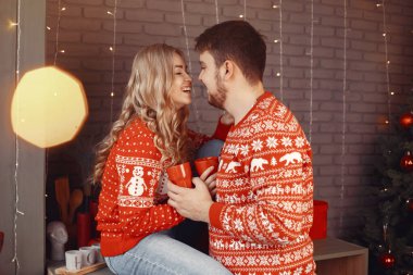 Noel süsü takmış insanlar. Kırmızı kazaklı bir adam ve kadın. Aile evde..