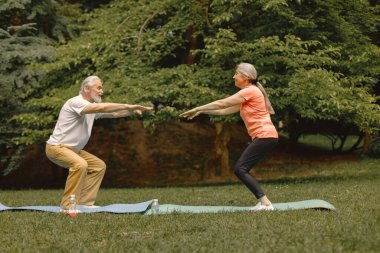 Park yerinde yoga minderleri olan son sınıf erkek ve kadın. Olgun bir adam ve yaşlı eşinin spor ya da yoga dersleri var. Emeklilikte sağlık ve sağlıklı yaşam tarzı.