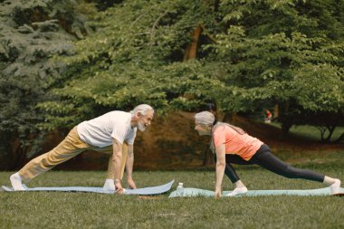 Park yerinde yoga minderleri olan son sınıf erkek ve kadın. Olgun bir adam ve yaşlı eşinin spor ya da yoga dersleri var. Emeklilikte sağlık ve sağlıklı yaşam tarzı.