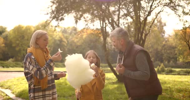 漂亮的祖父母和孙女在公园里享受一天的时光 孙女在吃棉花糖 — 图库视频影像