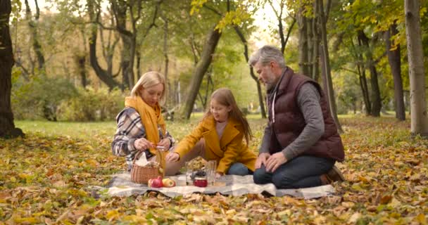 休闲和人的概念 祖父母和孙女在秋天的森林里野餐和喝茶 — 图库视频影像