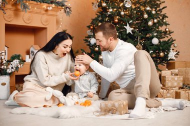 Genç bir aile Noel 'i birlikte kutluyor. Esmer anne, sakallı baba ve sarışın oğul Noel ağacının yanında oturup mandalina tutuyorlar. Bej örgülü giysiler giyen bir aile..