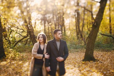 güzel çift sırasında sonbahar park çevresinde yürüyüş