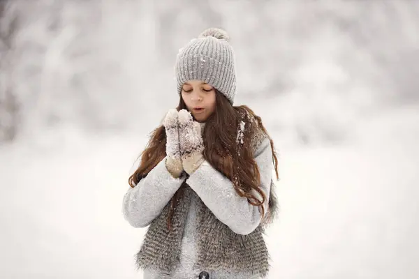 Portrait Little Brunette Girl Standing Winter Snow Caucasian Girl Wearing Royalty Free Stock Images