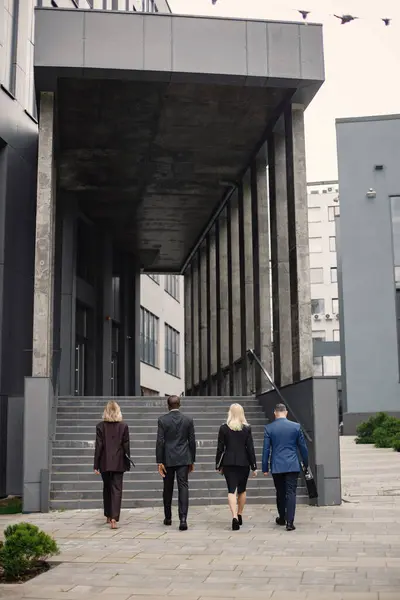 Backside photo of confident businesspersons walking toward modern office building. Black and caucasian men and blonde women wearing costumes. Banking and financial market concept.