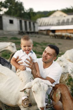 Çiftlikteki bir aile. Keçilerle oynayan insanlar. Baba oğul..