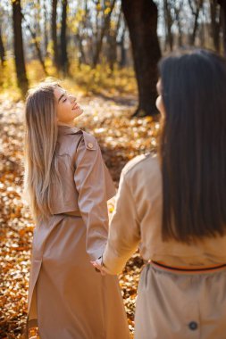 İki güzel bayan arkadaş birlikte vakit geçiriyorlar. Sonbahar parkında yürüyen iki genç kız kardeş. Esmer ve sarışın kızlar ceket giyiyor..