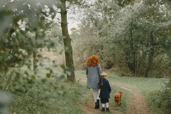 Anne ve kızı köpekle oynuyorlar. Sonbahar parkında bir aile. Evcil hayvan ve yaşam tarzı konsepti. Sonbahar zamanı.