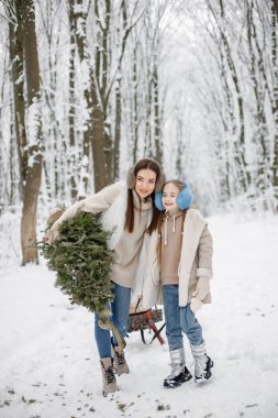 Anne ve çocuğu kış günü ormanda eğleniyorlar. Sıcak çamaşır ve kulaklık takan kızlar. Küçük Noel ağacının yanında poz veren kadın modeller..