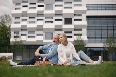 Yazın parkta çimlerin üzerinde oturan güzel beyaz yaşlı bir çift. Kadın ve erkek parkta battaniyeye oturmuş meyve suyu içiyor ve birkaç değerli anı paylaşıyorlar. Beyaz gömlekli kadın.