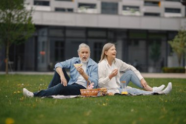 Yazın parkta çimlerin üzerinde oturan güzel beyaz yaşlı bir çift. Kadın ve erkek parkta battaniyeye oturmuş sandviç yiyor ve birkaç değerli anı paylaşıyorlar. Beyaz gömlekli kadın.