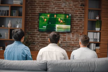Bir futbol maçı izlemek için evde toplanan erkek arkadaşların arka görüntüsü. Erkekler büyük ekran televizyonun önünde kanepede oturuyor. Erkekler en sevdikleri takımı destekliyor ve maç hakkında yorum yapıyorlar.