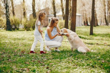 güneşli bir yaz parkı onu küçük sevimli kızı ile oynarken açık saçlı ve mavi bluz ile güzel ve zarif genç anne ve köpek ile oynamak.
