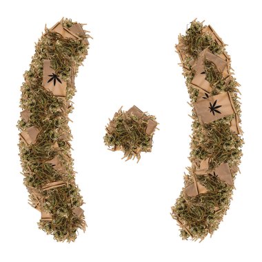 Tıbbi ot ve kağıt torbalarla numaralar ve işaretler. İzole edilmiş beyaz arkaplan. 