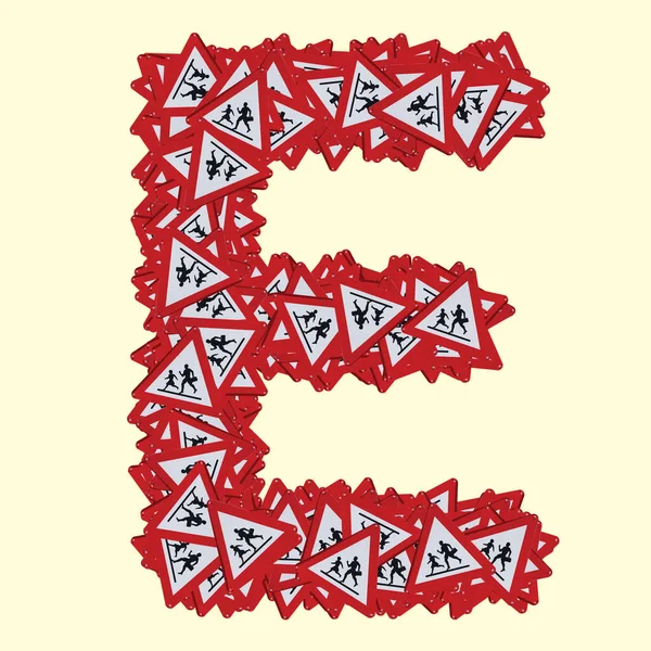 Λατινικές Γραμματοσειρές Σήμα Κινδύνου Πεζών Κόκκινο Τρίγωνο Σήμανση Ασφάλειας Κυκλοφορίας — Φωτογραφία Αρχείου