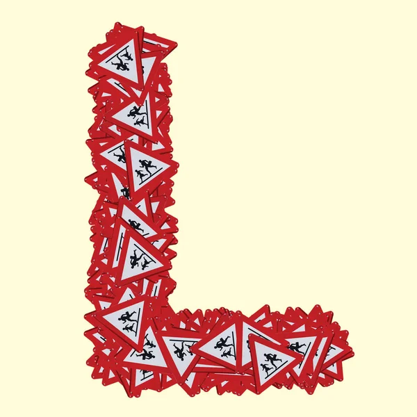 Λατινικές Γραμματοσειρές Σήμα Κινδύνου Πεζών Κόκκινο Τρίγωνο Σήμανση Ασφάλειας Κυκλοφορίας — Φωτογραφία Αρχείου