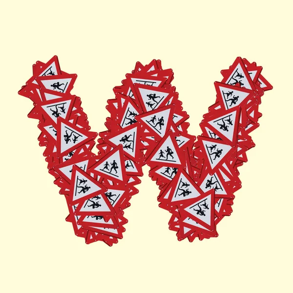 带有行人危险标志的拉丁文字体 红色三角安全交通标志孤立的背景 — 图库照片