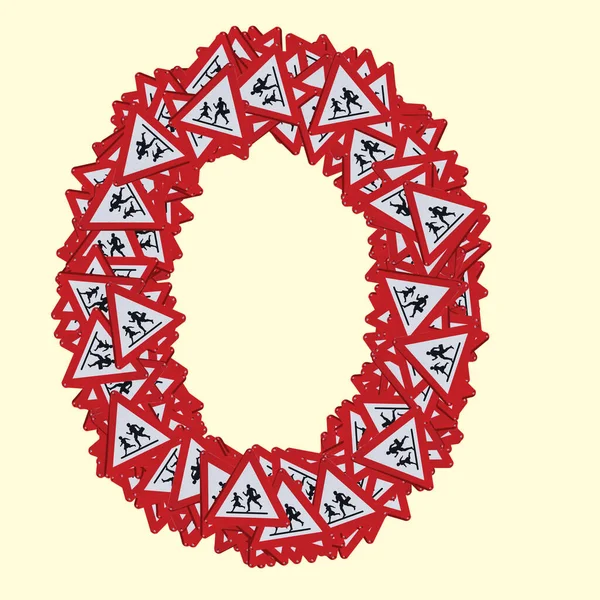 Αριθμοί Και Πινακίδες Σήμα Κινδύνου Πεζών Κόκκινο Τρίγωνο Σήμανση Ασφάλειας — Φωτογραφία Αρχείου