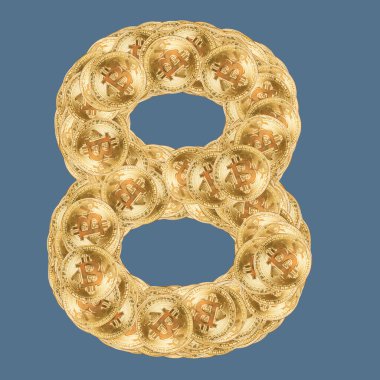 Altın sikkeli sayı ve karakterler. İzole edilmiş arkaplan