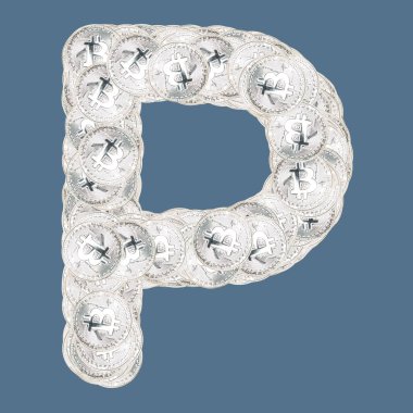 Gümüş bitcoin paralı Latin yazı tipleri. İzole edilmiş arkaplan.