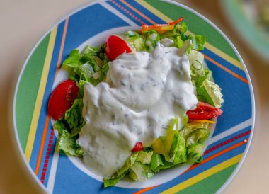 Biberli marul ve üzerine yoğurt ve biraz da sarımsak konmuş ilave malzeme.
