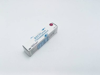 Jakarta, Indonesia - December 6, 2022: Isolated objects: Doctor's prescription for stye or eye ointment Reco Chloramphenicol , on white background, Jakarta, Indonesia