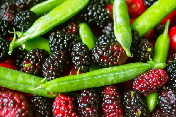Lot Healthy Berries Legumes Background Photo Sweet Cherries Green Peas — Stock Photo, Image