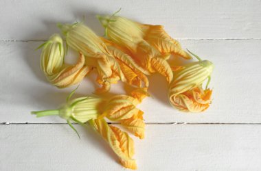 Beyaz ahşap bir masada kabak çiçekleri. Beyaz arka planda, turuncu kabak çiçekleri. Yiyecek olarak kabak çiçeği..