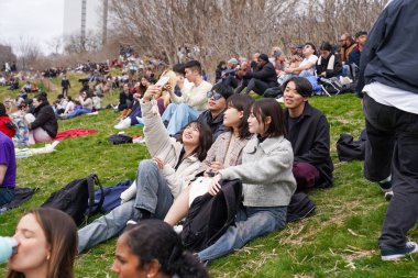 Toronto, Kanada - 8 Nisan 2024: İnsanlar Riverdale Park 'taki kısmi güneş tutulmasının başlangıcını özel tutulma gözlüklerini takarak izliyorlar. 