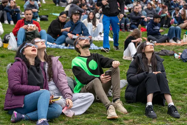 Toronto Canada April 2024 People Watch Beginning Partial Solar Eclipse Royalty Free Stock Photos