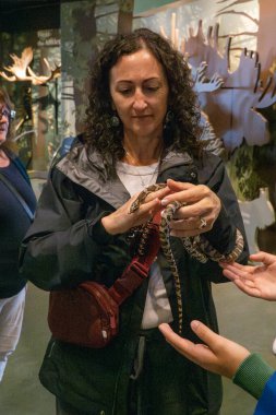 Science North 'a gelen bir ziyaretçi yılanı personelden öğrenir.. 