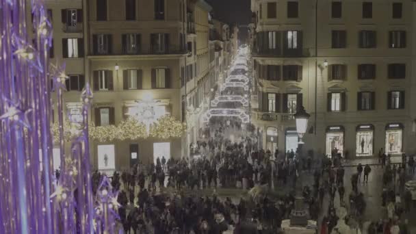 Şehir Merkezinde Spanyol Merdivenleri Del Corso Noel Işıklarıyla Süslenmiş Kutlama — Stok video